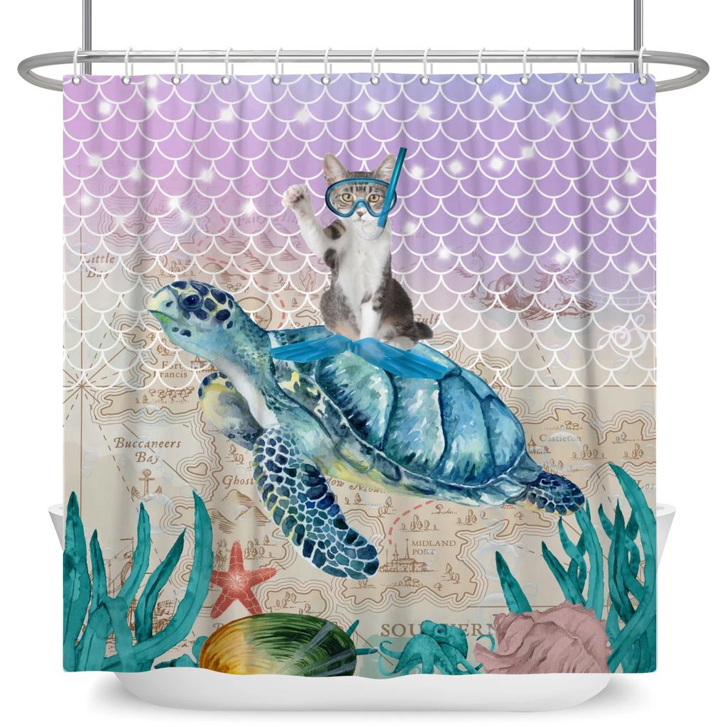 Hrdinský Velký bílý žralok s pistolí Kočka Vtipný sprchový závěs Pro kryt vany Kryt koupelny Koupání Extra velký Široký 12 ks háčků