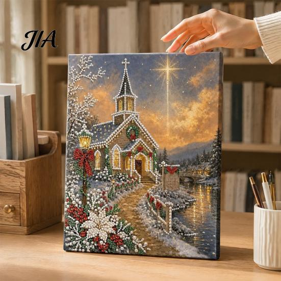 Stress Relief Hobbies Christmas Church Faux Pearl Art Kit, Painting DIY 15.75 Round Crafting x 11.81 Inch Beginners Craft for Adults, Relaxing
