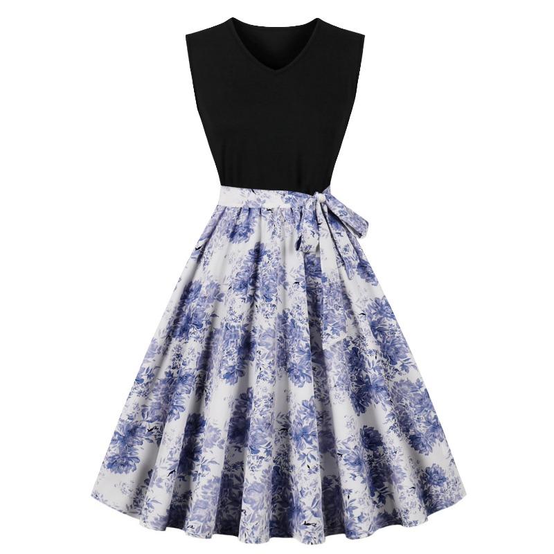 Summer New Retro V-neck Sleeveless Black Spelling Print Pendulum Dress