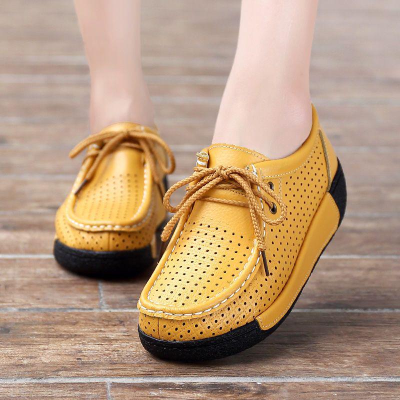 Women's White Leather Cut-Out Wedge Shoes - Thick Soft Sole, Casual Spring/Summer Platform Shoes.