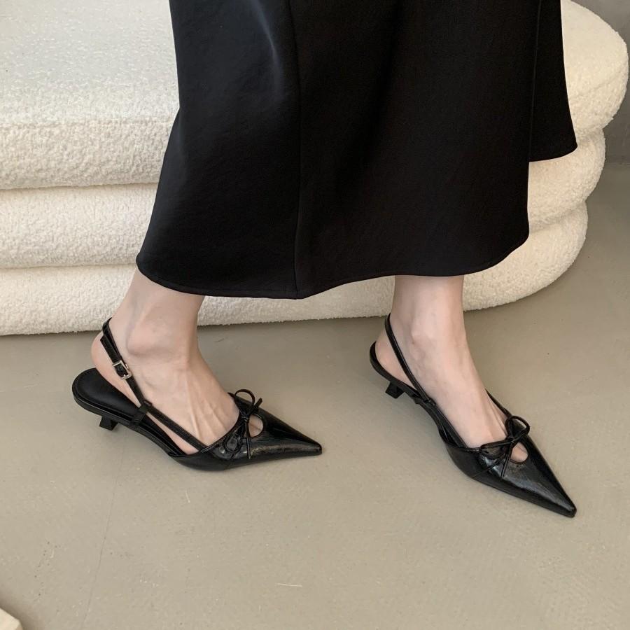 2025 spring new French small heel thin heel pointed bow bag head sandals with skirt hollow women's shoes