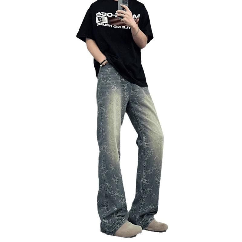 Full Print Jacquard Retro Jeans Straight American Vibe Micro-pull Pants Boys High Street Ruffian Handsome Niche Ootd Pants