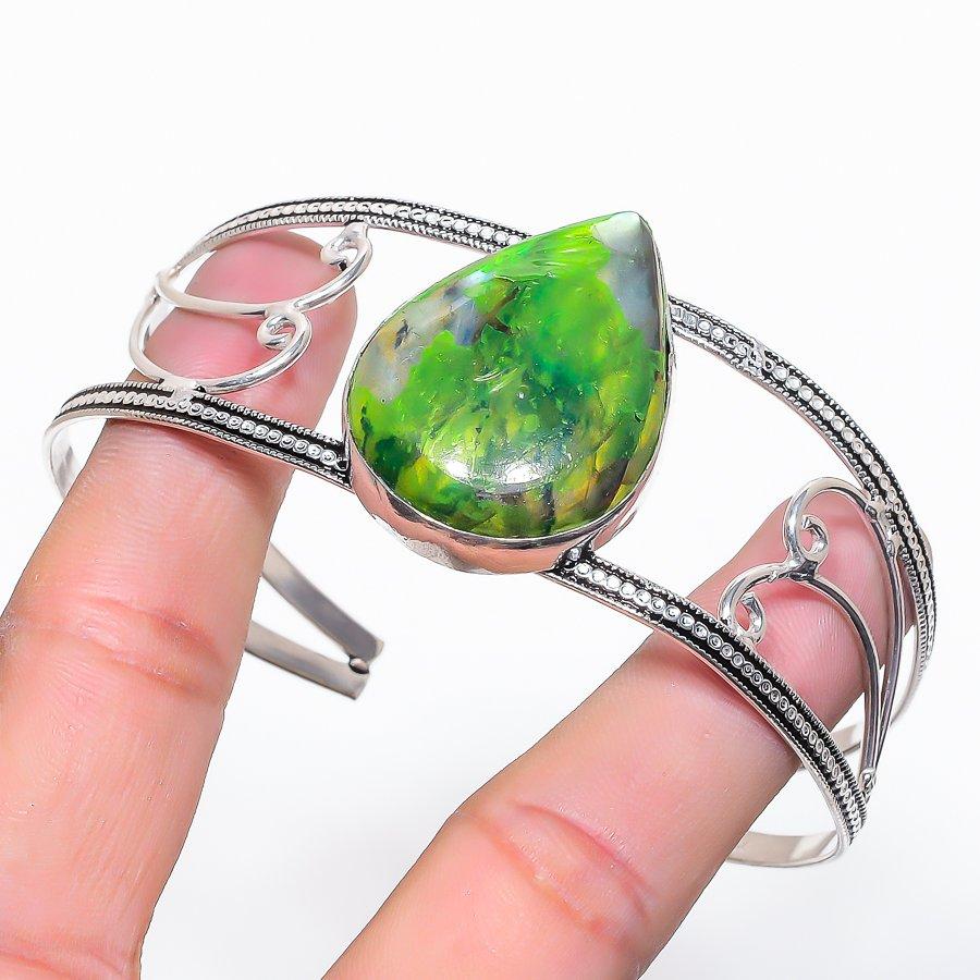 Natural Green Labradorite Gemstone 925 Sterling Silver Cuff Bangle Adj G3M81