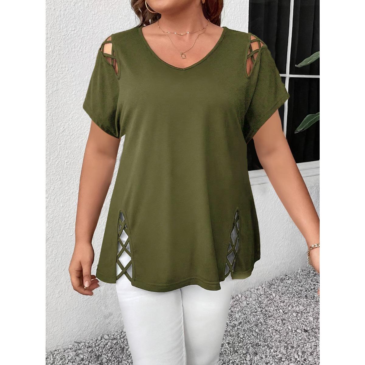 

Однотонный короткий рукав с перекрестными бретелями модные элегантные женские топы больших размеров футболка XL зелёный