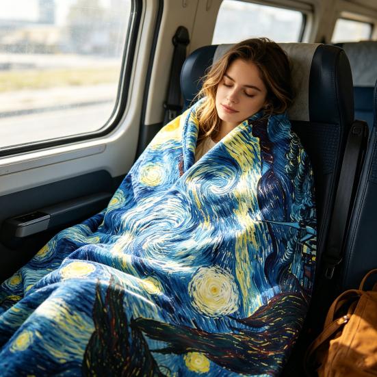 Oil Painting Nap Blanket, Soft Warmth Double-Sided Flannel, Digital Print Shrink-Resistant Machine Washable Office Travel Throw Blanket