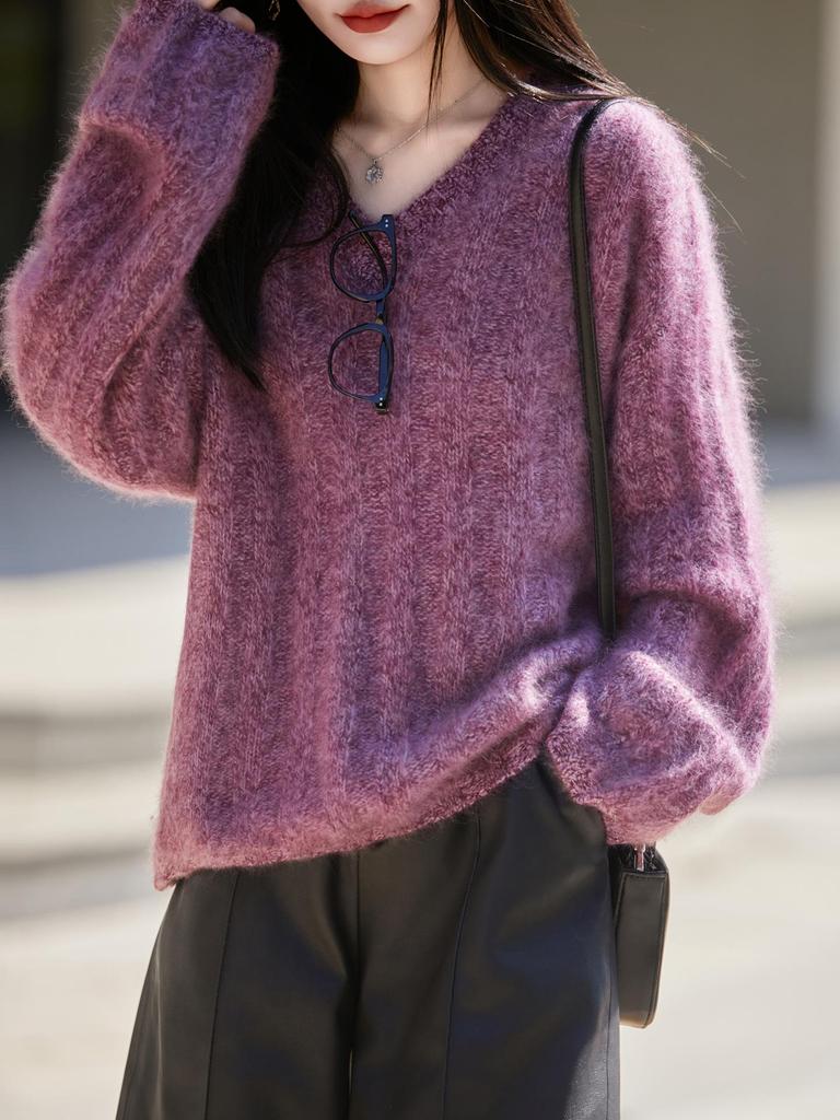 Early Autumn Old Money Heathered Knit V-neck Loose Wool Sweater for Women