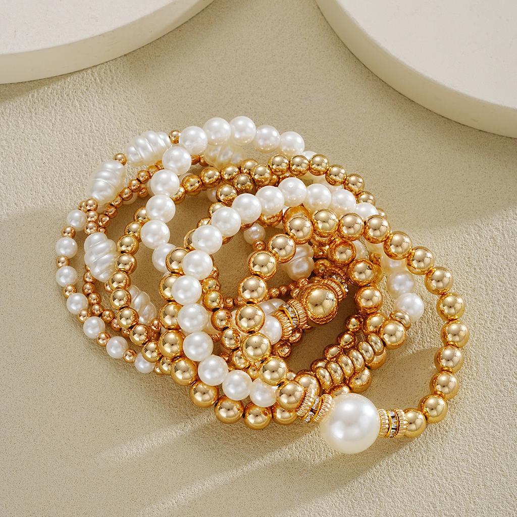 9 PCS/Set CCB Baroque Retro Stacked Imitation Pearl Friendship Bracelet, Ins Simple White and Gold Color Bracelet Sets for Women