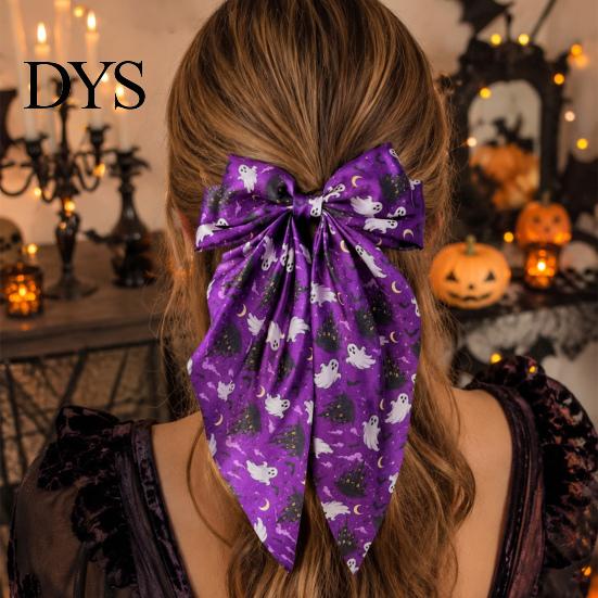 Pumpkin Hair Decorations Large Halloween Bows for Women Girls, Vintage Ribbon Barrette Clips with Long Satin Accessories Tails, Ghost/Pumpkin/Blood
