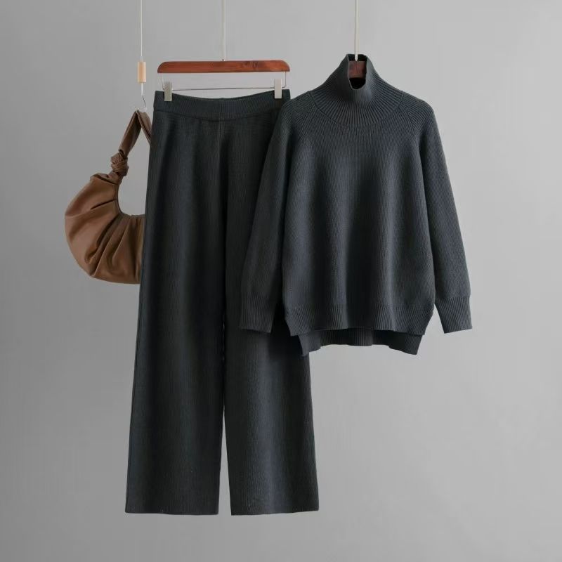 Fashion Pure Color Knitting Turtleneck Sweater Loose Pants Suit Knited Sweater and Pants Set