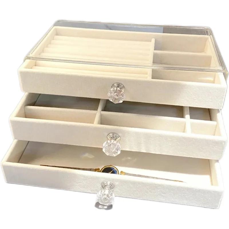 Multifunctional Velvet Jewelry Storage Box with Dustproof Drawer for Earrings Necklace Rings Bracelets