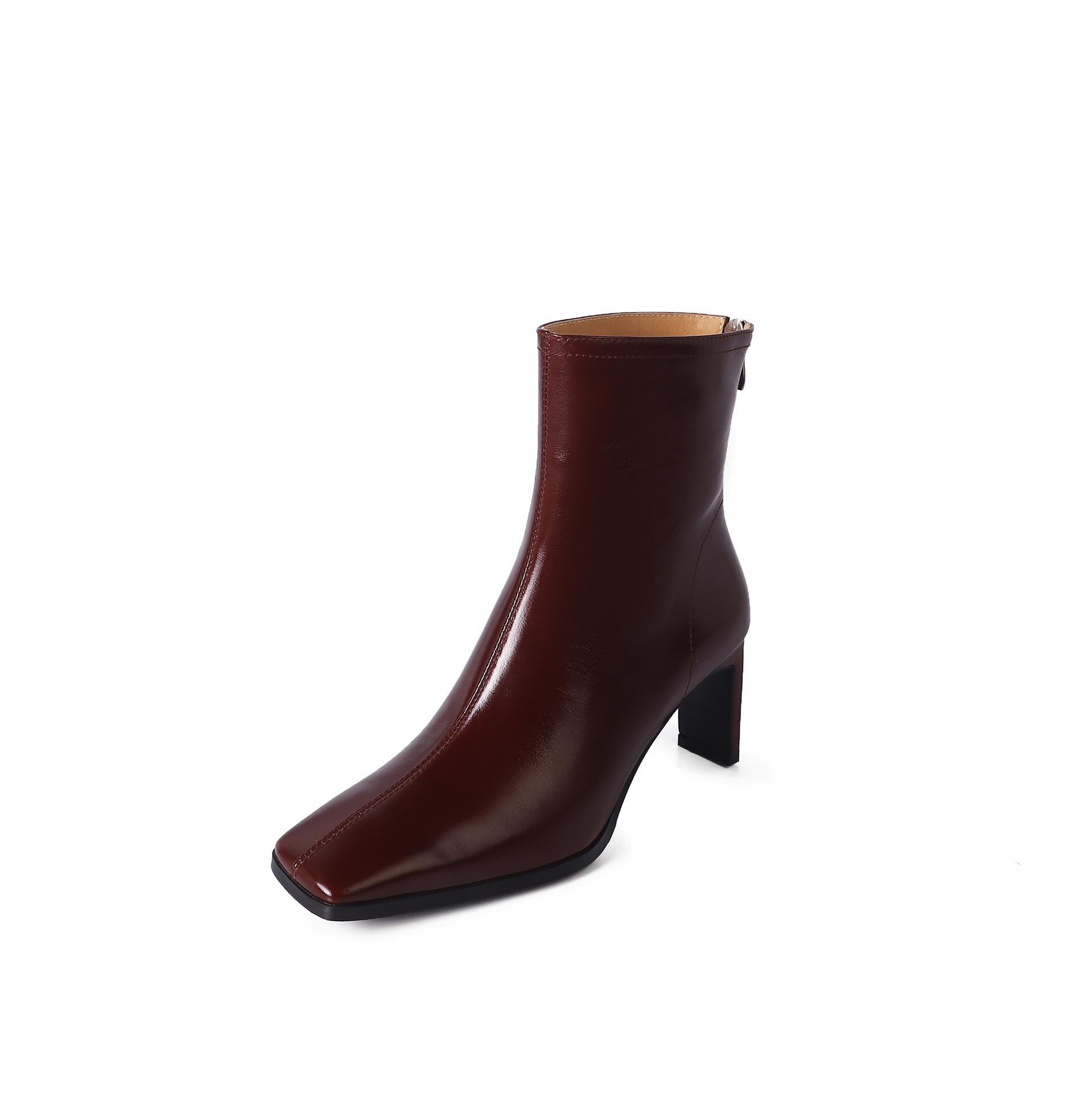 

Haute couture version~ first layer cowhide high-heeled short boots 2025 autumn and winter full leather inside and outside rear zipper squar 40 Customized, non-refundable. бордовий