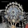 Handmade Blue Crane Dance Hanfu Fan: Long Handle Wedding Bride Round Fan