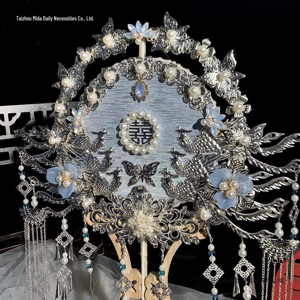 Handmade Blue Crane Dance Hanfu Fan: Long Handle Wedding Bride Round Fan