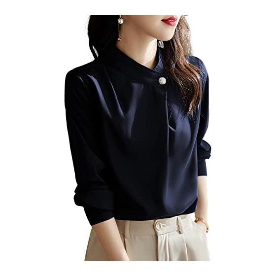 [Sueeya] Suiya Shirt, Blouse, Women s, Pearl, Stand-up Collar, Long Sleeve, Tucked, Intellectual, Gathered, Elegant, Slimming, Body Covering,