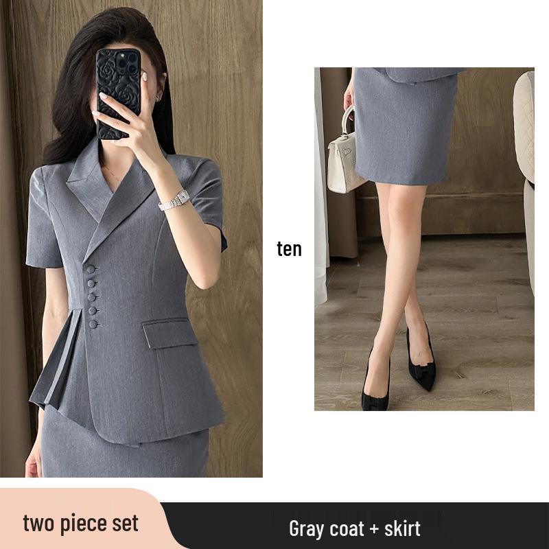 Gray Women's Short-Sleeved Suit Set: Summer Petite Professional Formal Wear for Jewelry Store Managers and Beauty Salon Workwear