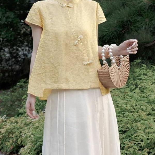 

2025 лето топ с воротником-стойкой и планкой тай-дай желтый большой размер с коротким рукавом топ топ женский 3XL [Recommended 138-75kg]