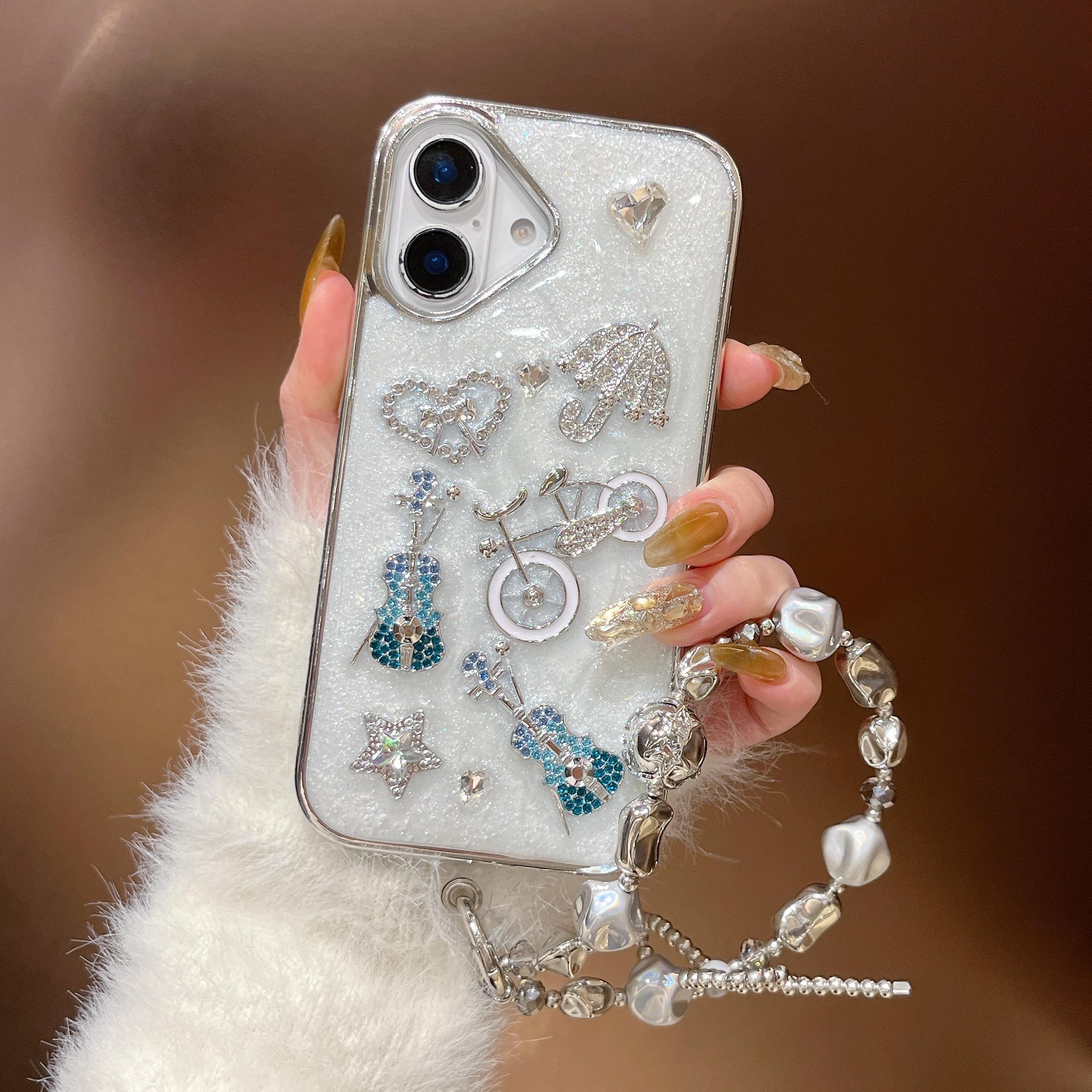 

For iPhone 16 Case Guitar Bicycle 3D Epoxy Design Phone Back Cover with Strap As Shown A