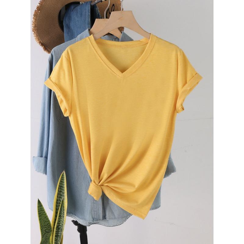 Fashionable Simple Versatile Pure-colored V-neck Short-sleeved Women's T-shirts
