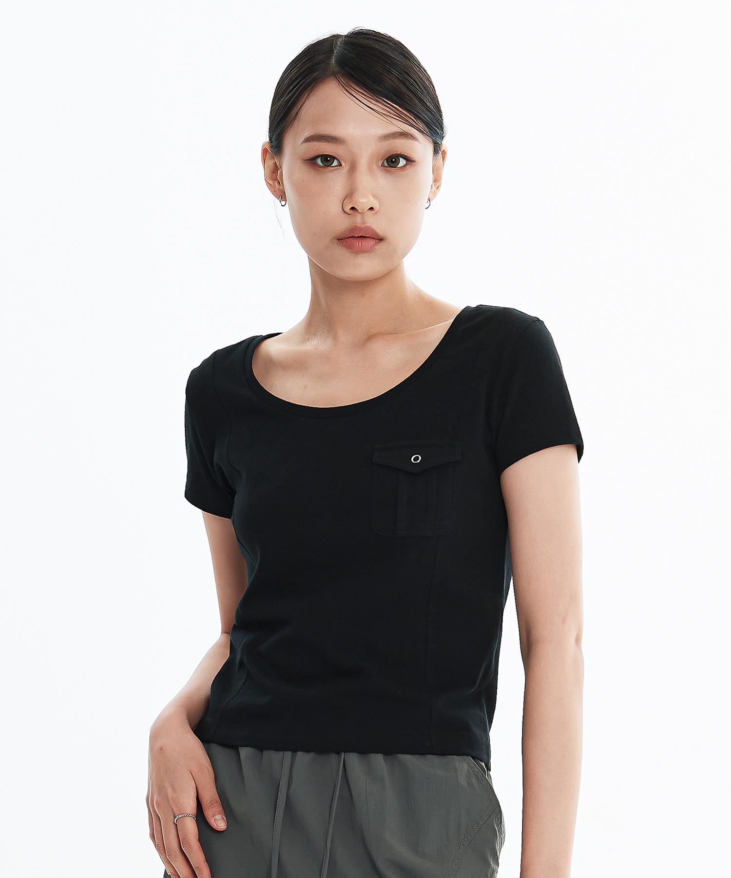 Dear Me Deep U-Neck Pocket T-Shirt [Black] Note/S
