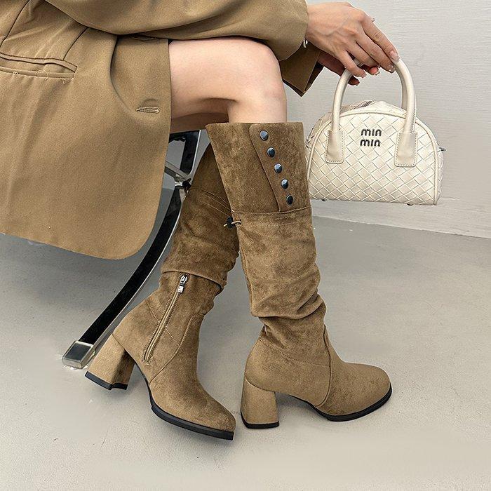 Suede Vintage Two Wear Fold High Heel Pile Boots Long Boots Thick Heel Brown Maillard Western Knight Boots