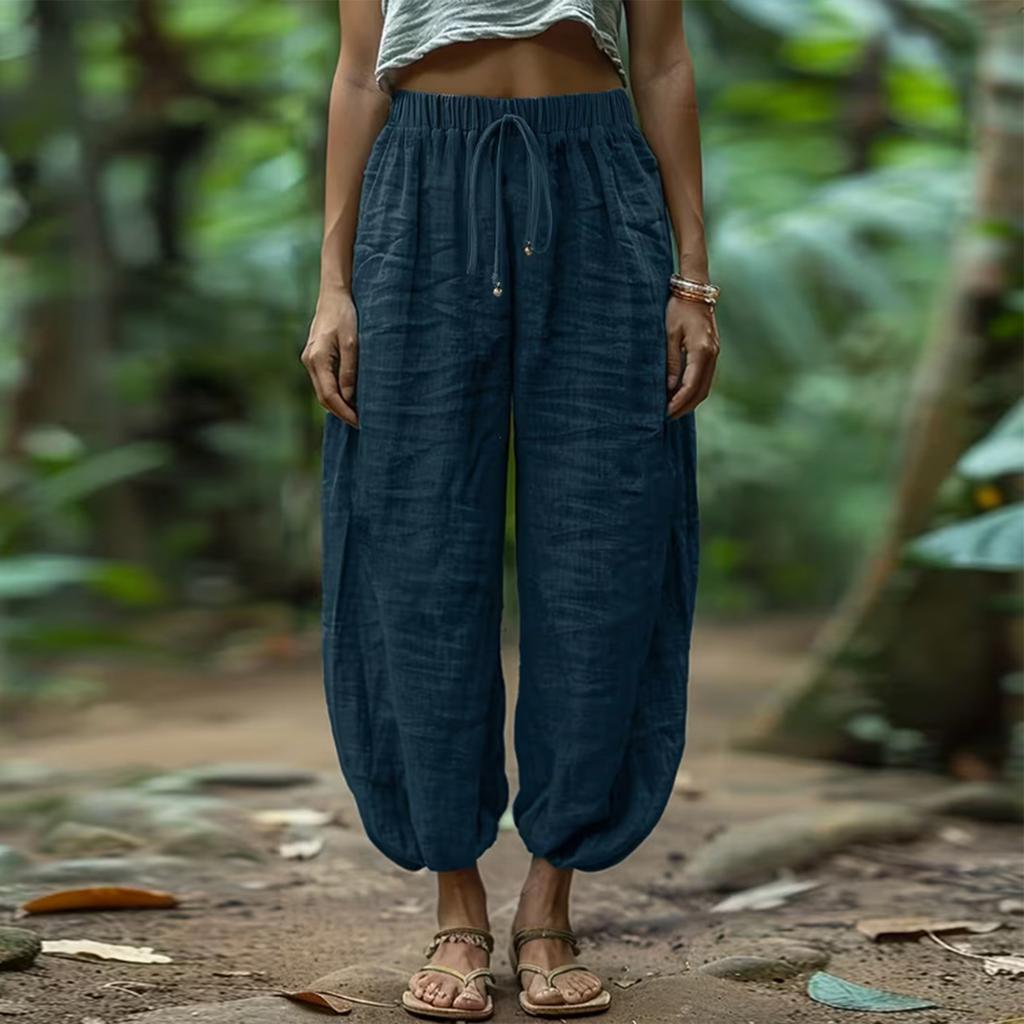 Women's Fashionable Color Casual Elastic Waistband Drawstring Pocket Loose Pants