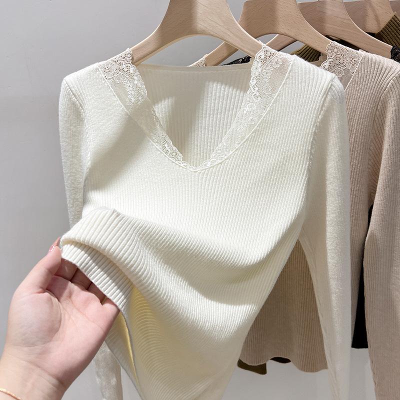 

Черный вязаный свитер с вставками женский осенне-зимний новый женский одежда в зарубежном стиле с внутренним дизайном и V-образным вырезом L абрикосовый