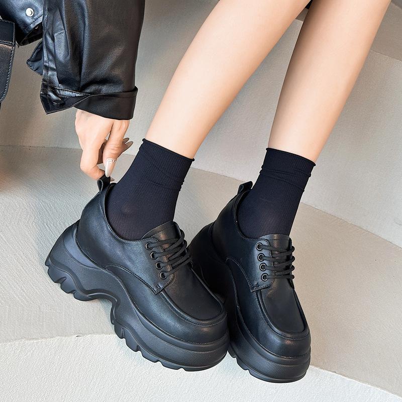 Fashion 9.5CM Genuine Leather Chunky Sneakers Autumn Thick Soled Pumps Spring Women Platform Wedge Fashion Ladies Vulcanize Shoes