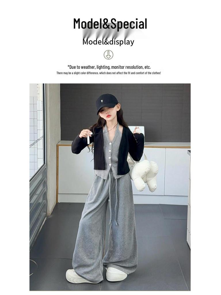 2025 Girls' Trendy Two-Piece Autumn Set: Cardigan Sweater & Wide-Leg Pants