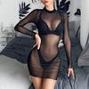 Black Sheer Long Sleeve Dresses Women's Sexy Coverups Lace Lingerie Erotic Babydoll Bikini Pajamas Curvy Mini Bodysuit Hot Dress