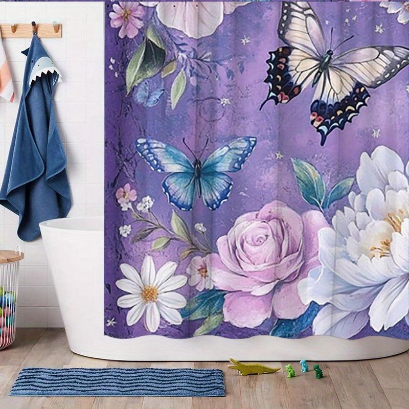 Butterfly & Flower Shower Curtain - Blue & Black Butterflies, Flowers on Purple, 70.8x70.8 Inches, 12 Hooks, Washable Polyester