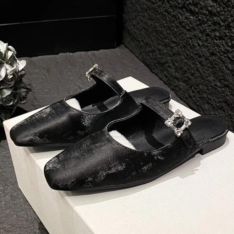 Fashion Square Toe Slip on Comfortable Mules Shoes for Women Diamond Buckle Outdoor Fashion Elegant Shiny Fabric Casual Ladies Flats