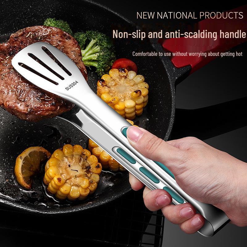 Kuchyňské kleště z nerezové oceli se zelenou rukojetí: Protiskluzový silikon proti opaření na grilování a pečení