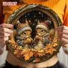 [Upgraded 2D Flat] 1pc Round Aluminum Sign Winter Squirrel Nut Rustic Metal Wall Art Home Decor 7.87x7.87 Inch