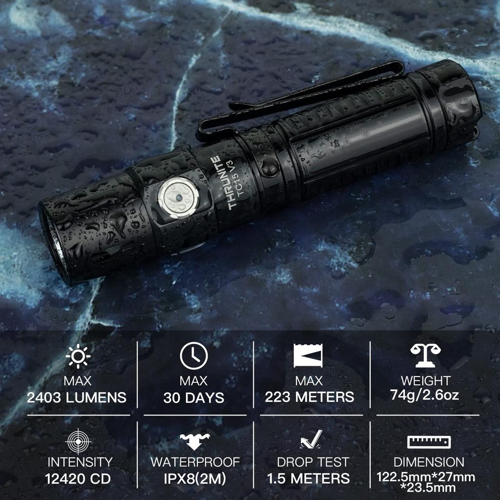 ThruNite TC15 V3 Rechargeable LED 2403 Lumens 223m Maximum Beam 3100mAh IMR 18650 Ideal for Outdoor Emergency and More CW Flashlight, Brightness,