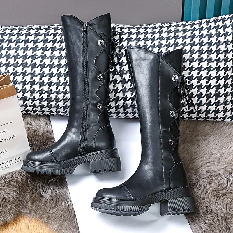 Cizme de damă de modă din piele de vacă cu platformă, cowboy occidental, cavaler, pantofi de damă de designer cu talpă moale, cizme de modă până la genunchi, de damă