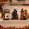 Halloween Vintage Wooden Tabletop Decor 3Pcs Rustic Ghost Pumpkin Black Cat Blocks Fall Shelf Sitter Indoor Home Ornament Set