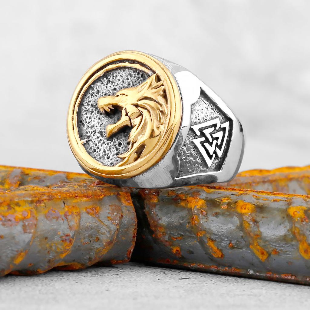 Stainless Steel Viking Wolf Head Ring Never Fade Gold Color Mens Hunting Game Hunter Wolf Claw Ring Nordic Jewelry Gift