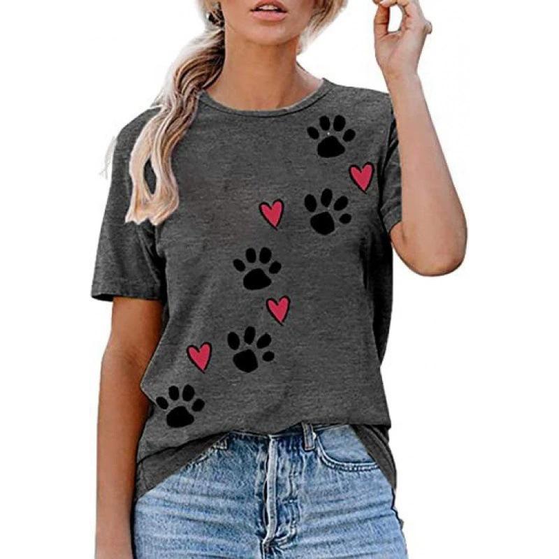 Summer Round Neck 3D Cat Paw Print Print Top Fashionable Casual Short Sleeved Women's T-shirts