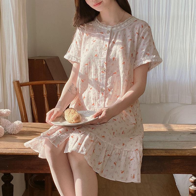 Vernis Short-sleeved Gauze Printed Cotton Yarn Nightdress Sweet Lace Loungewear Pure Cotton Pajamas Women's Summer Can Wear Outside