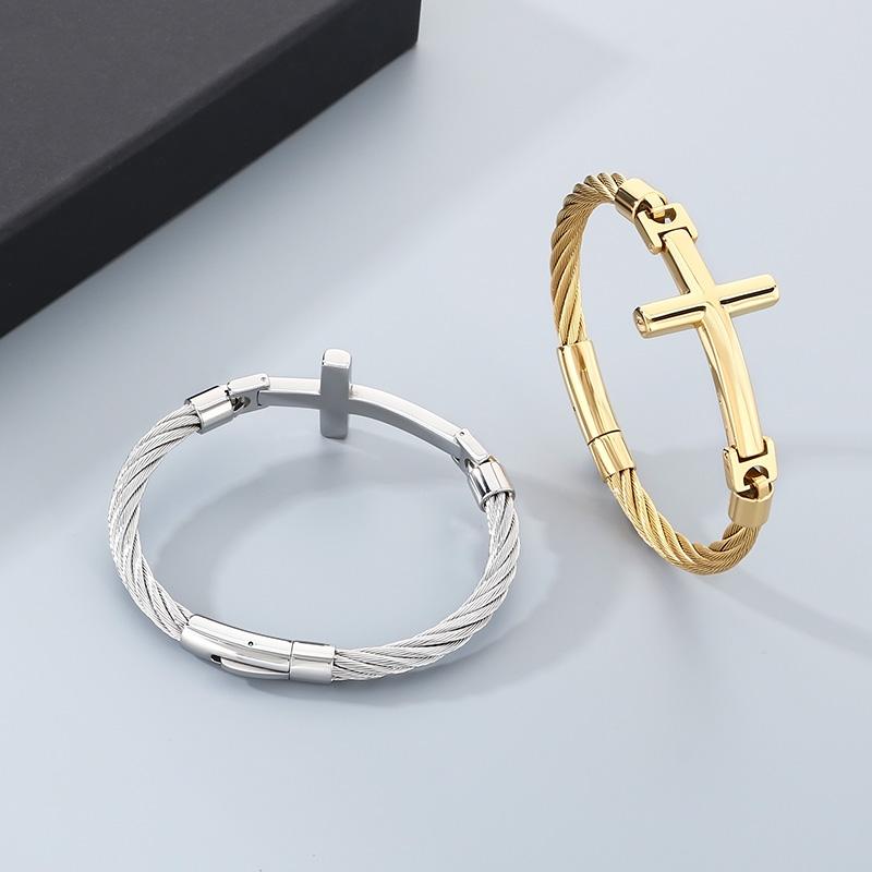 Kalen Chunky Stainless Steel Cross Bangle Men's Rock Hip Hop Mesh Chain Jewelry Shining Gold Color Accessories Gift