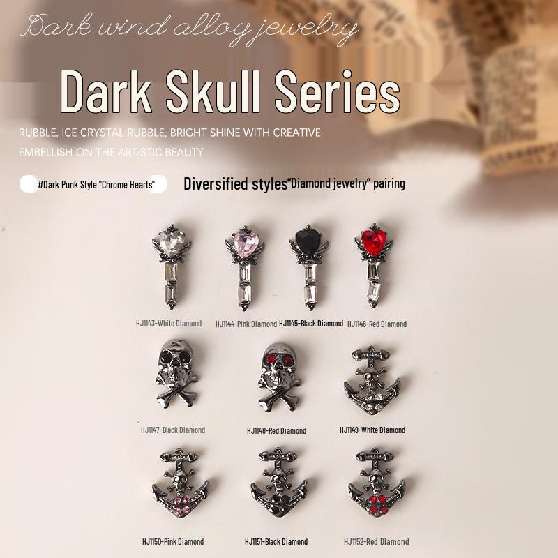 Dark Skull Retro Chrome Heart Scarlet Cross Nail Rhinestone Embellishments - 5 Pcs