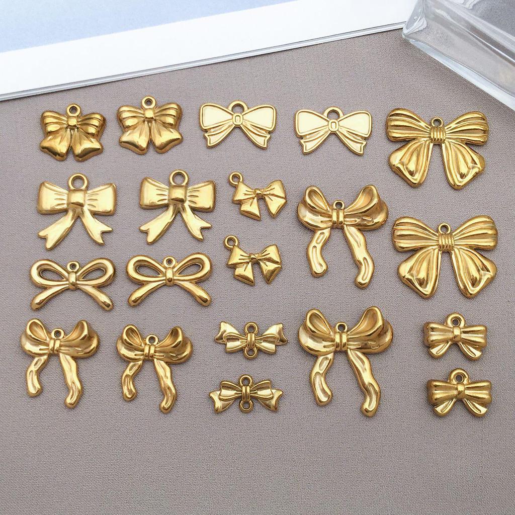 Gold Stainless Steel Bow Necklace & Bracelet Set - Versatile Pendant, Charm, DIY Earrings, Fashion Jewelry Accessories.