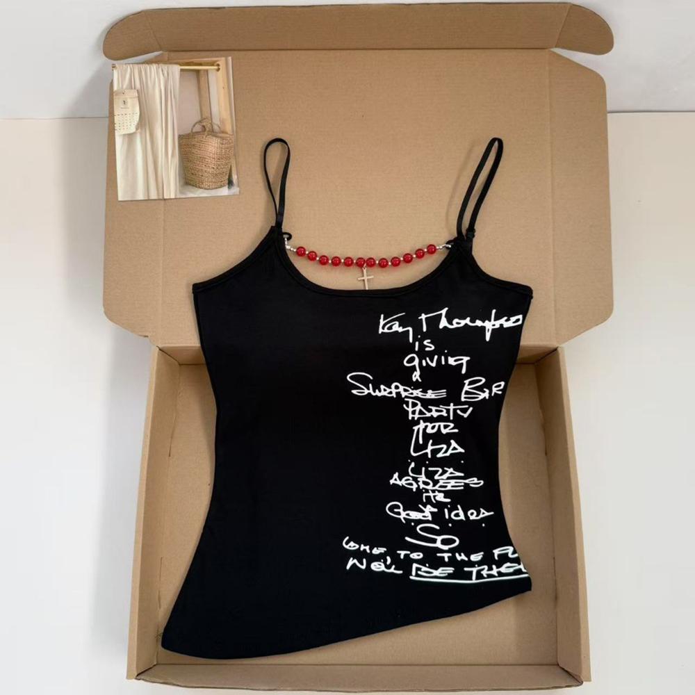 Women s Letter Print Camisole with Detachable Necklace, Slim Fit Cotton Tank Top with Built-in Bra One size