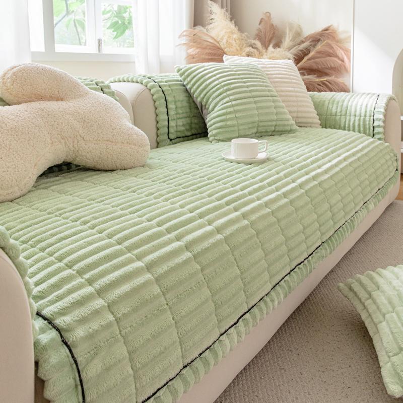 Thicken Stripe Flannel Quilting Anti-Slop Sofa Cover, Simplized Design Sofa Seat Pad Multiuse Washable Sofa Towel