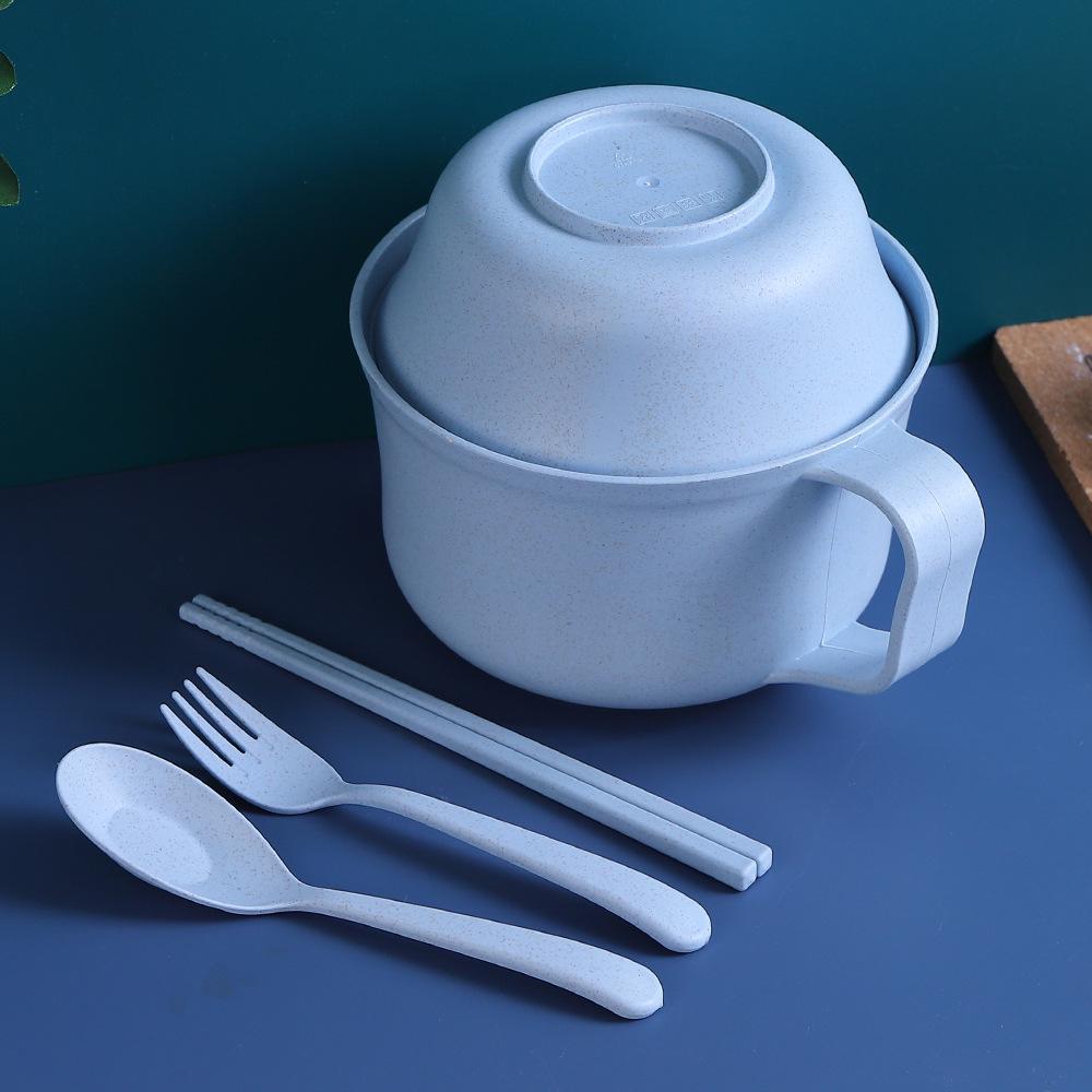 Wheat Straw Noodle Bowl Set with Chopsticks, Fork & Spoon - Ideal for Dorms & Households