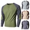 Spring Fall Men Top Regular Fit Colorblocked Long-Sleeve T-Shirt Buttoned Round Neck Patch Decor Casual Sports Parties T-shirt
