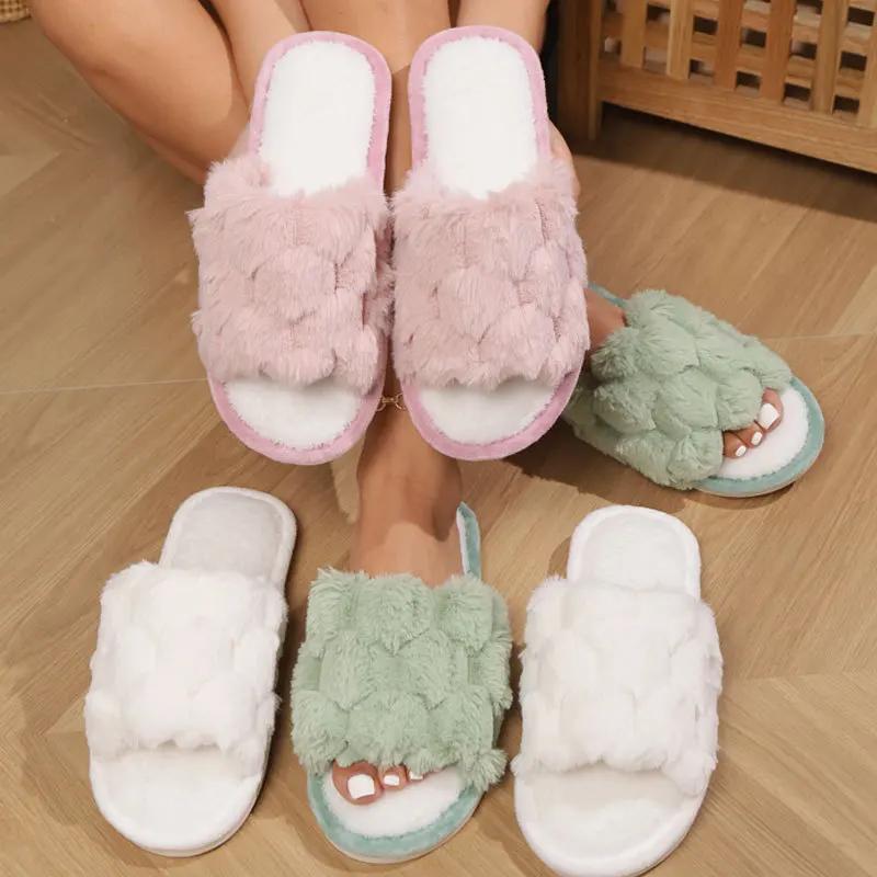 Fashion Faux Rabbit Fur House Slippers for Women Soft Sole Open Toe Home Cotton Shoes Woman Lightweight Warm Fluffy Indoor Slippers 2025