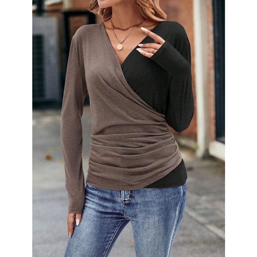 Women's Spring Autumn T Shirt Fashion Slim Fit Waist Pleated V-neck Fashion Elegant Women Top