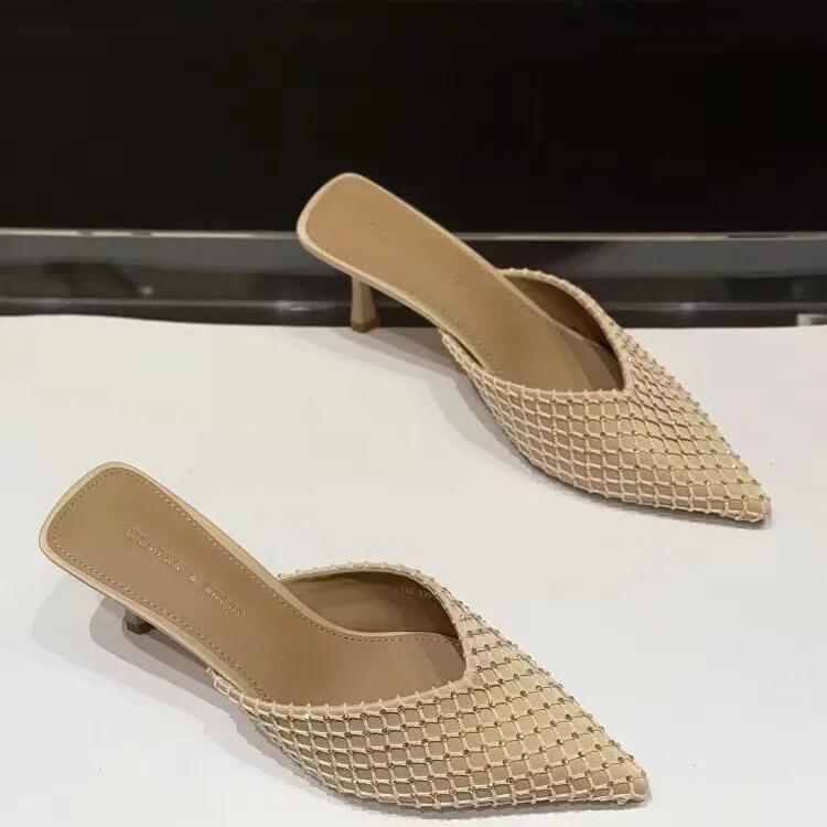 2025 New Baotou Half Slipper Rhinester Shoes French Spring and Summer Pointed Thin Heel Single Sandals