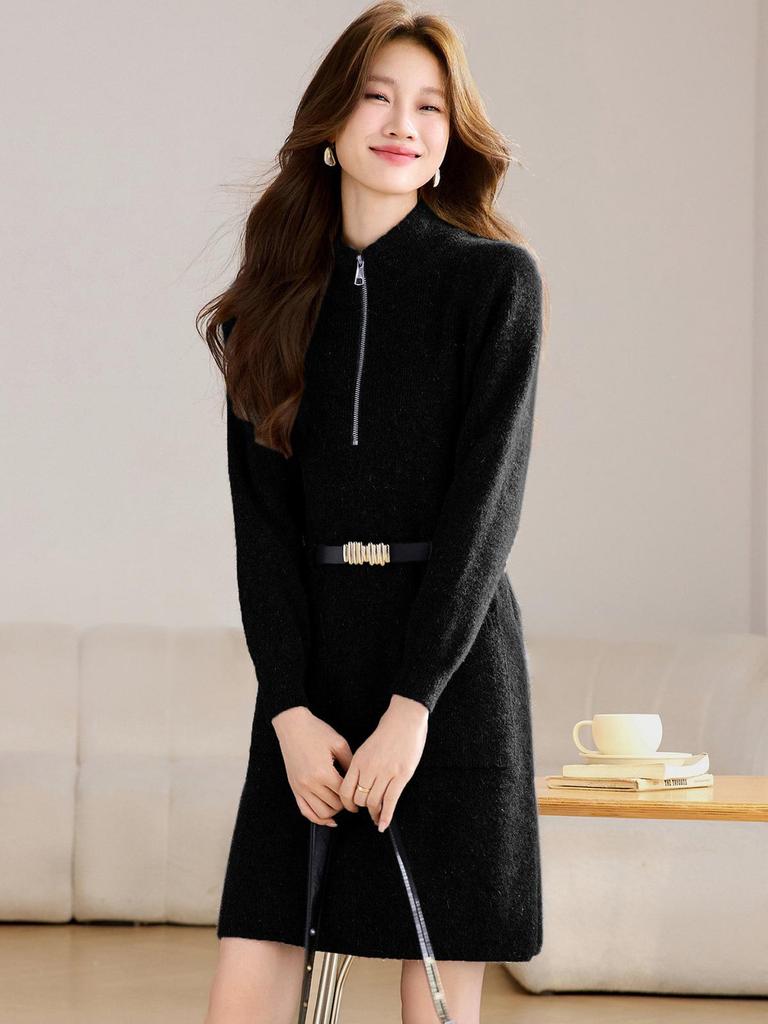 Korean Style Red Knit Zipper Dress for Women - Autumn/Winter 2025